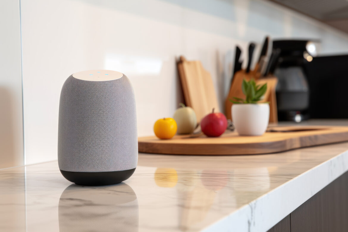 Smart speaker, virtual assistant with AI voice recognition, on a kitchen counter